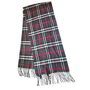 Wool & Cashmere Co Italian Plaid Scarf 11.5" x 60" Charcoal Black Red & White